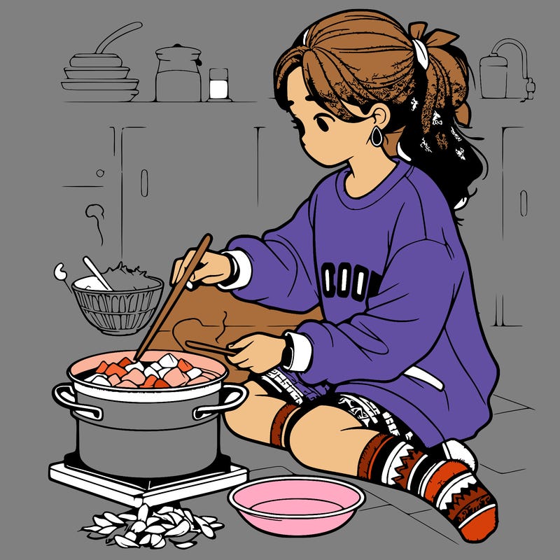 girl with sweatshirt and socks cooking, very realistic
