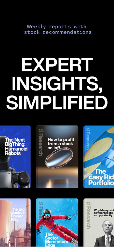 Finimize: Investing Insights - Finimize app screen featuring simplified expert investing insights and various stock market research report covers.