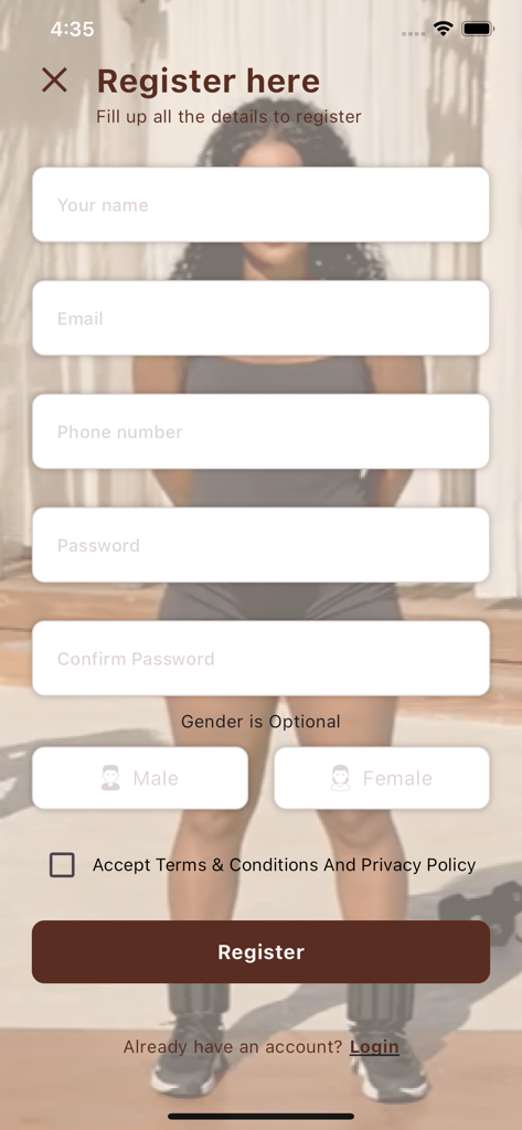 CURVD by Capri Curves - Registration screen for the CURVD fitness app with form fields for account creation