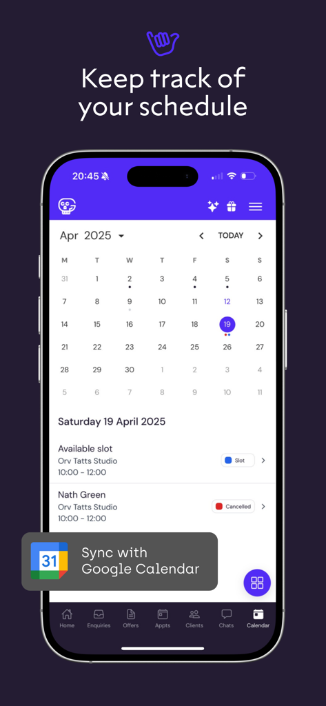 Tattoo artist schedule and Google Calendar sync in the Get Ink app.