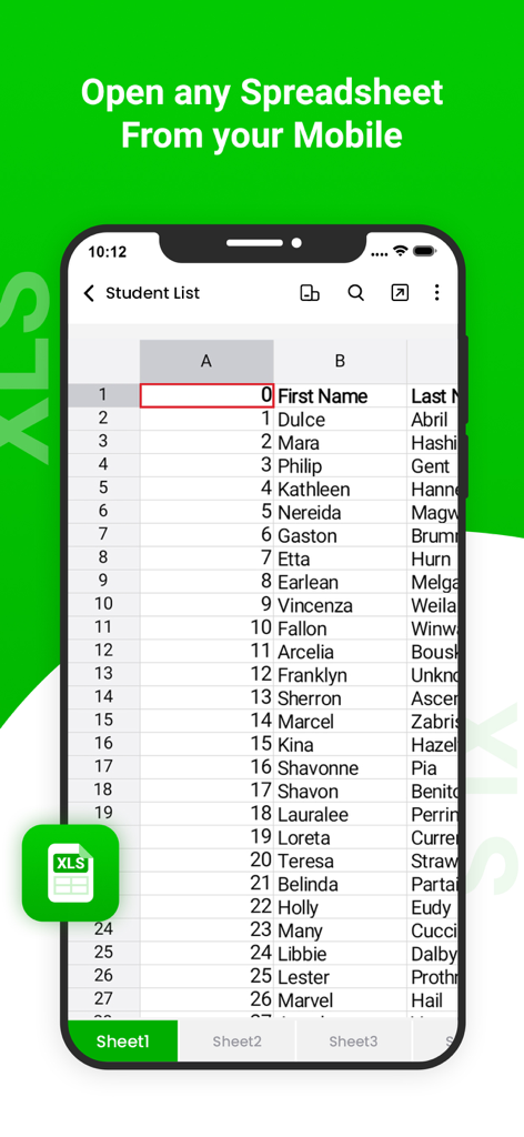 PDF Reader - Read PDF Files - A smartphone screen showing a spreadsheet student list within a mobile XLS reader app