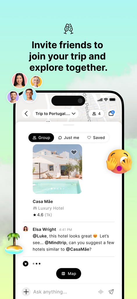 Mobile app screen showing a group travel chat with AI powered hotel recommendations for a trip to Portugal.