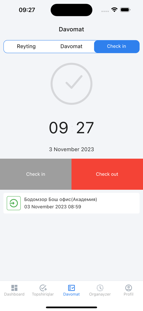 Smart Office Mobile App Anwesenheitsbildschirm mit Check-in- und Check-out-Schaltflächen