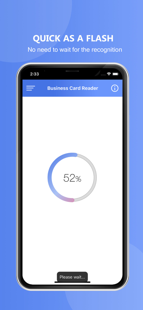 Screenshot of the Pipedrive CRM BizCard Scanner app showing a 52 percent completion circle for fast business card recognition.