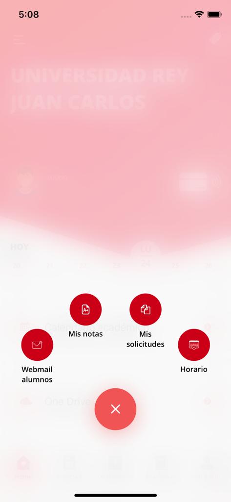 Interface of the URJC App showing icons for student webmail, grades, requests, and schedules.