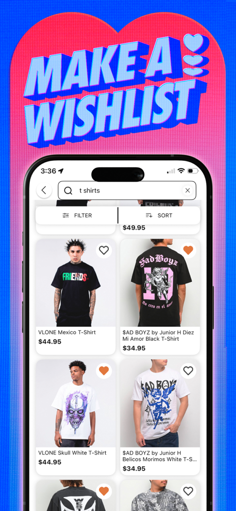 Zumiez - The Zumiez mobile app showing t-shirt search results with a Make a Wishlist banner