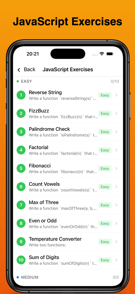 JavaScript Coding - FizzBuzzやPalindrome Checkのような簡単なJavaScriptコーディングチャレンジのリストを表示するモバイル画面