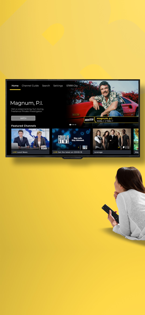 STIRR TV - A person watching the STIRR TV home screen on a television
