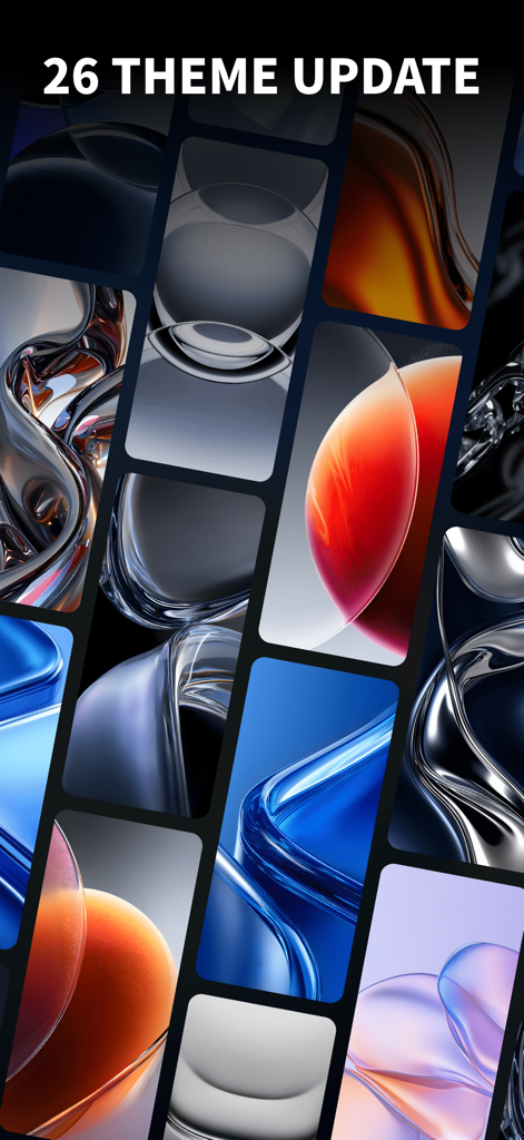 Liquid Theme - 26 Wallpapers - Ein Raster, das verschiedene futuristische und im Liquid-Glas-Stil gehaltene Hintergrundbilder zeigt