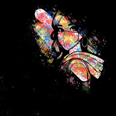 realistic girl with mask spray painting a wall