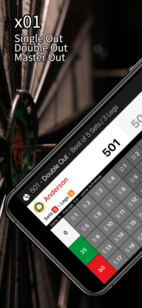 Darts1 Counter App Benutzeroberfläche mit X01-Spielstandanzeige und Optionen für Single, Double und Master Out.