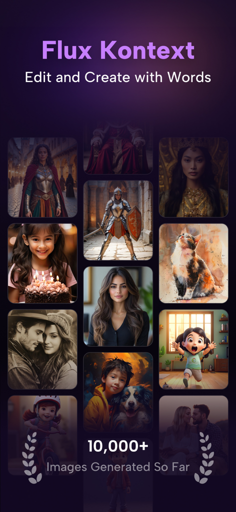 Screenshot of Flux Kontext AI Photo Editor showing a gallery of AI-generated images including portraits, animals, and illustrations with the tagline Edit and Create with Words.