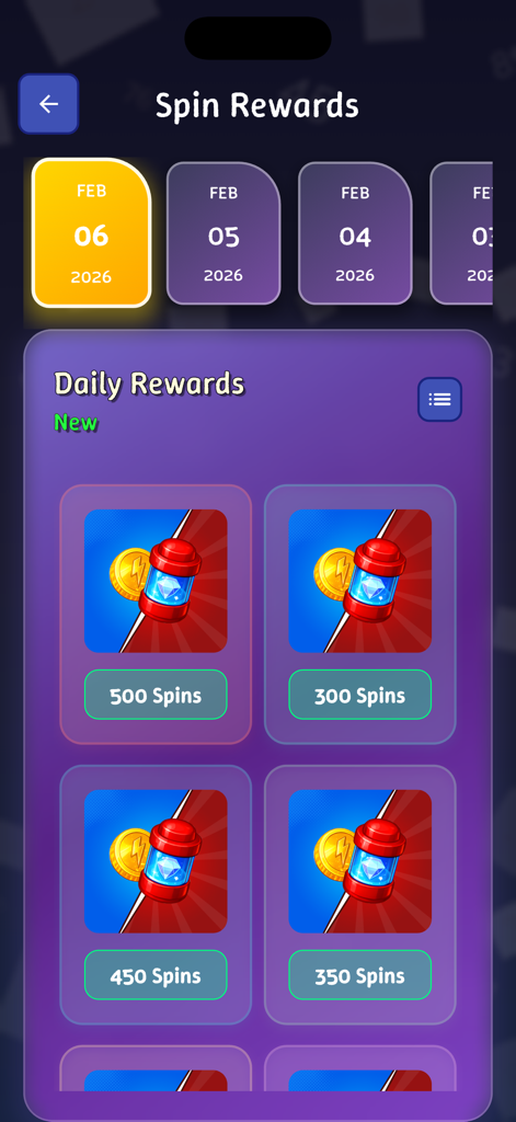Interface of the Spin Master app showing a list of daily free spin rewards for Coin Master.