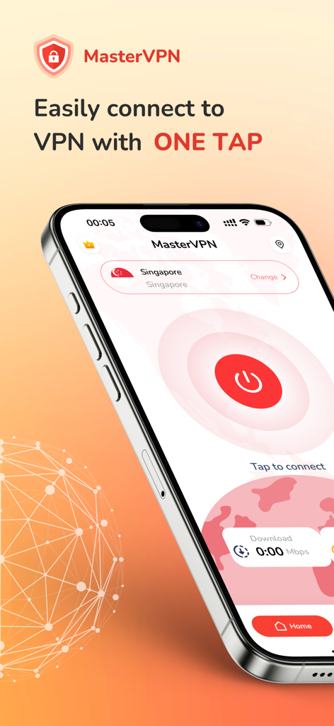 VPN Super-Fast Unlimited Proxy - MasterVPN app screen showing easy one tap connection on iPhone