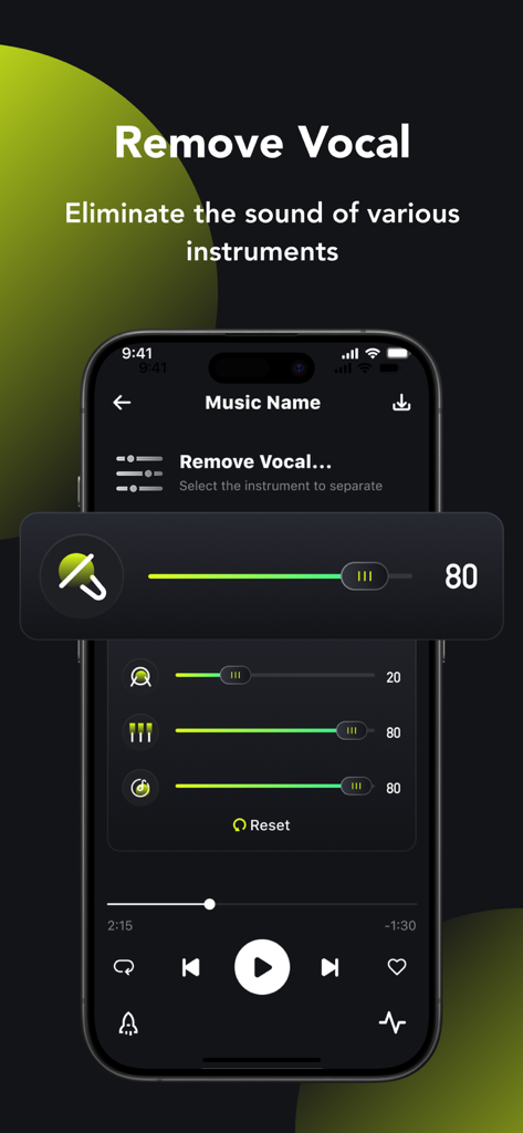 Music Splitter: Separate Audio - Interface do aplicativo móvel mostrando controles deslizantes de isolamento de vocais e instrumentos para separação de áudio