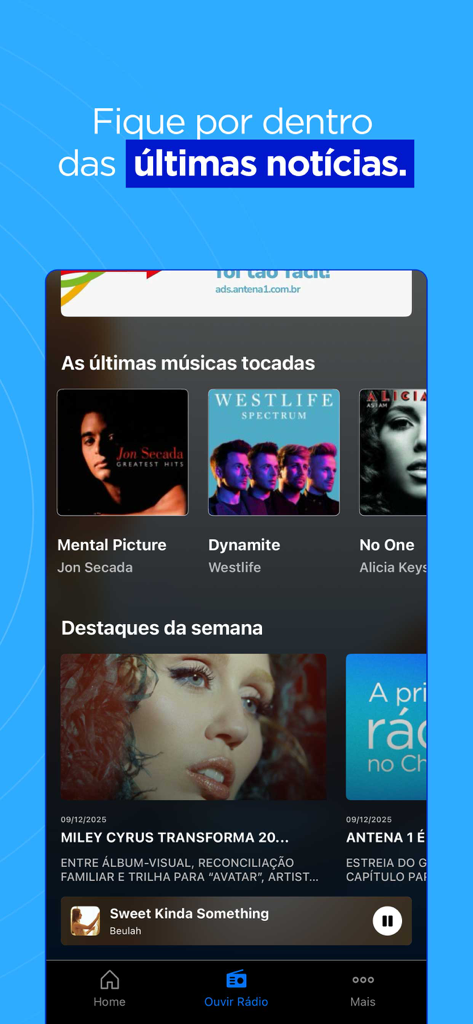 Interface of the Radio Antena 1 app featuring recently played songs and news highlights