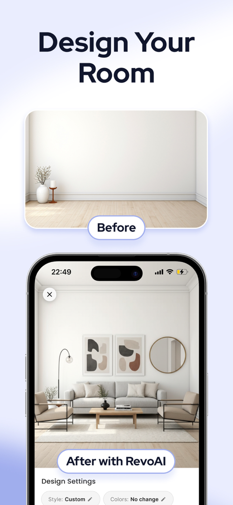Designer Ai: Room, House Decor - A comparison showing an empty room before and a stylishly furnished living room after using RevoAI app.