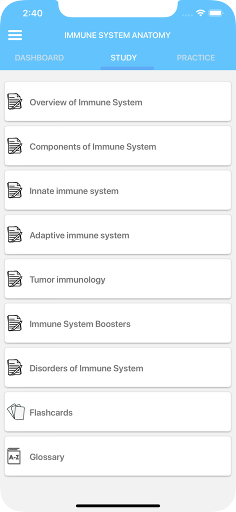 Learn Immune System - The study section of the Learn Immune System app listing modules like innate immune system, flashcards, and glossary.