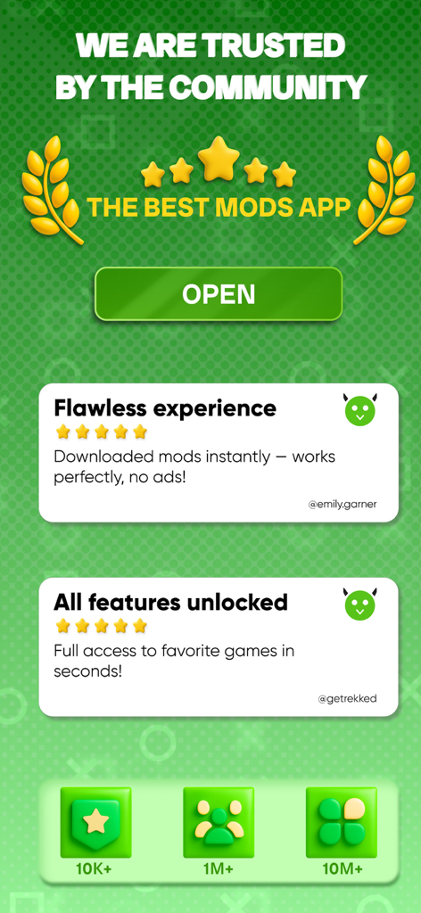 HapMod : Happy Game Mods - Pantalla de confianza de la comunidad para HapMod mostrando reseñas de usuarios y calificaciones de cinco estrellas para modificaciones de juegos