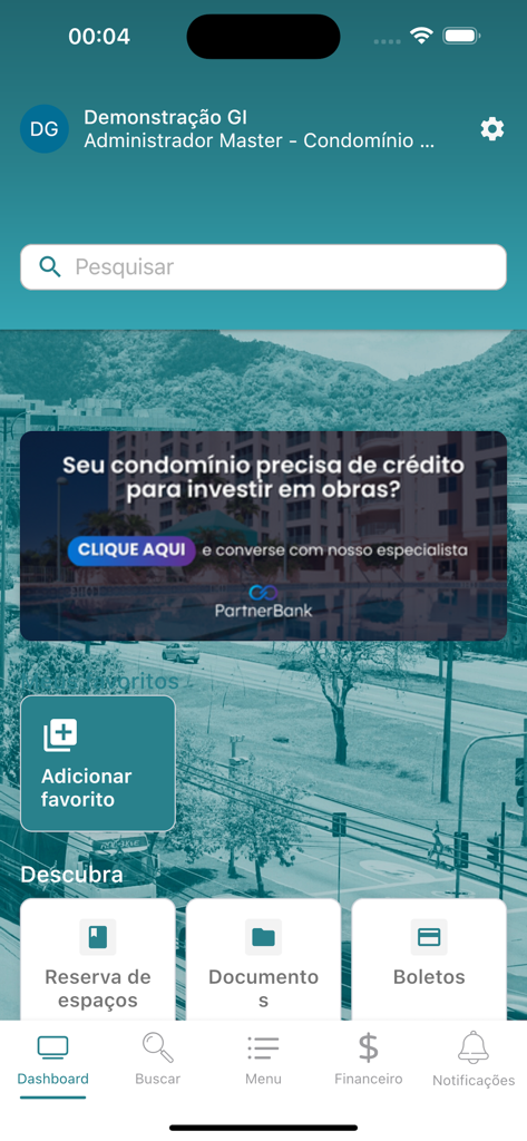 Claudio Morais Administração - Main dashboard of the Claudio Morais condominium management app showing shortcuts for space reservations, documents, and bills.