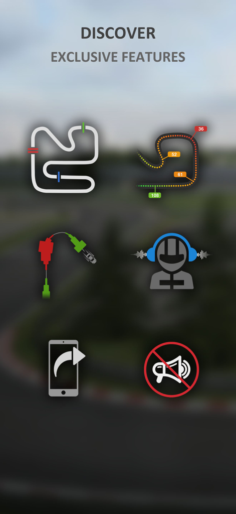 LapTrophy app infographic displaying exclusive features like track telemetry voice coaching and data export icons