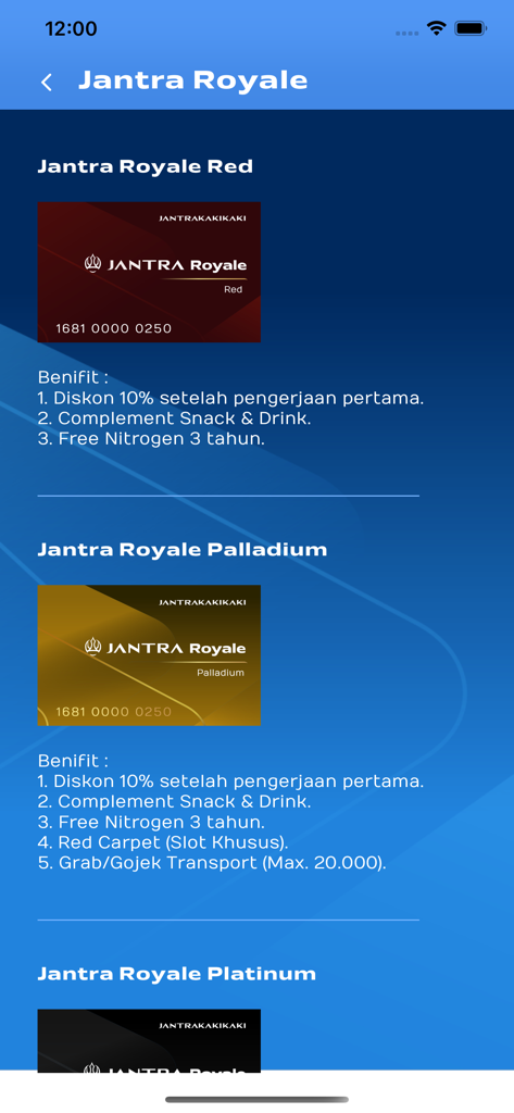 Jantra Royale - Jantra Royale app displaying membership tiers for Red and Palladium levels with listed loyalty benefits and digital cards