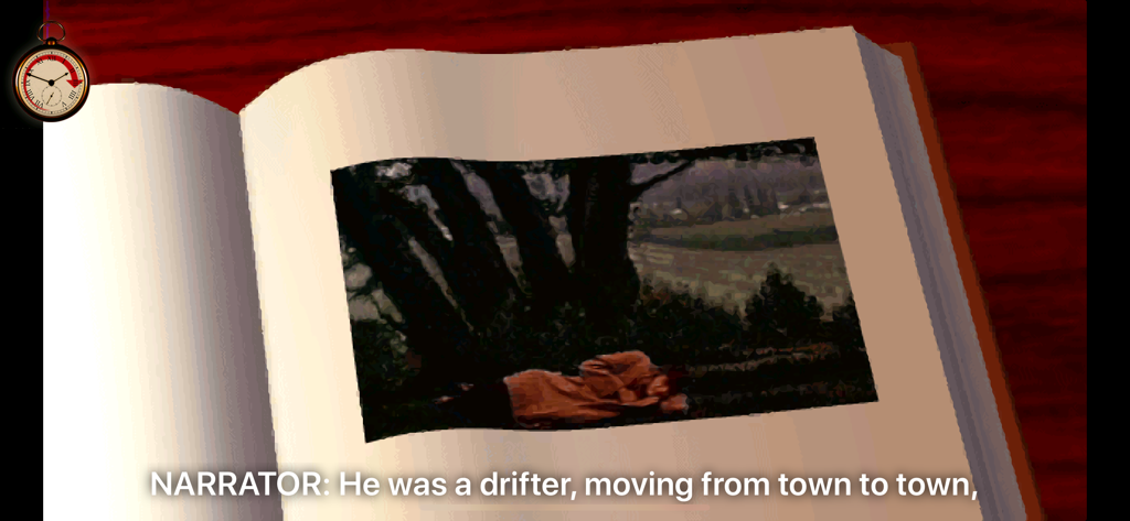 Eine filmische Storytelling-Szene aus The 7th Guest Remastered mit einem aufgeschlagenen Buch und Untertiteln für den Erzählerdialog.