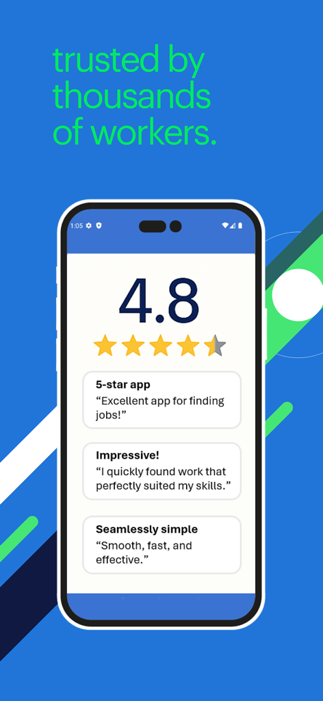 Randstad job search app screen showing a 4.8 star rating and positive worker testimonials.