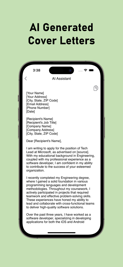 Cover Letter Creator with AI - Interfaccia dell'app mobile che mostra una bozza di lettera di presentazione generata dall'IA