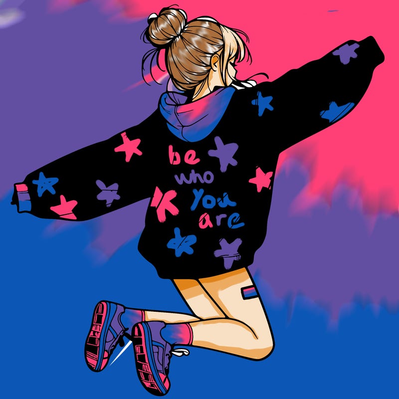 realistic girl jumping with a bun and oversized sweatshirt