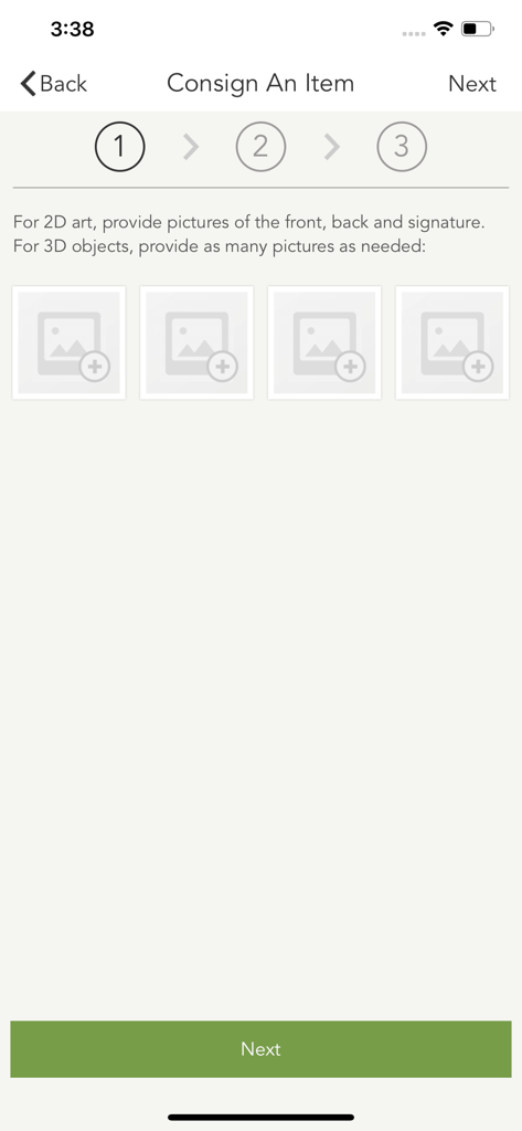 Mainland Auctions app interface for consigning an item showing the photo upload step