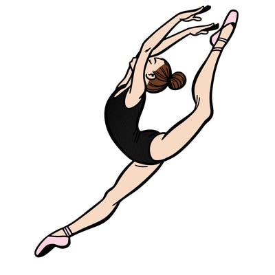gymnast doing a leap in a leotard with a bent back leg