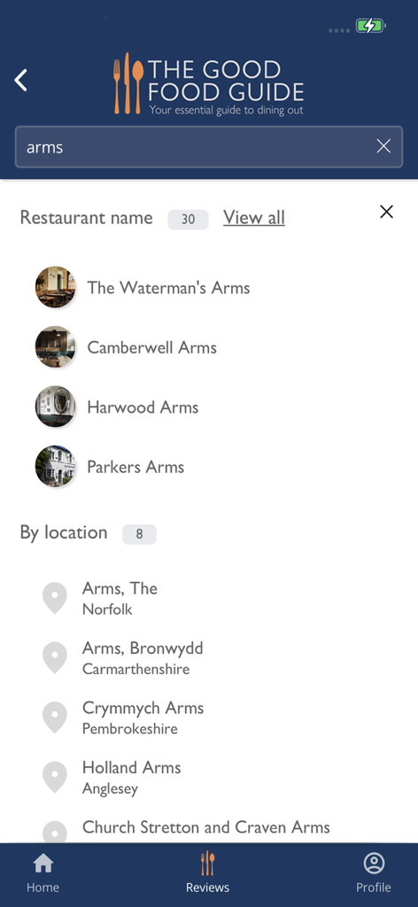 Good Food Guide - The Good Food Guide app search interface showing restaurant and location results for the word arms.