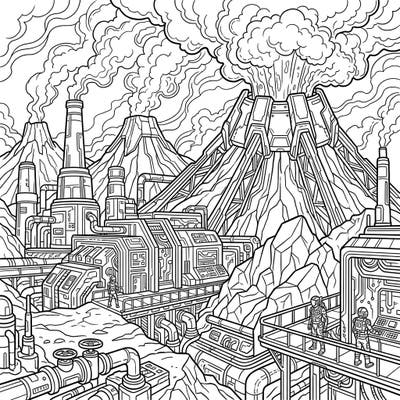 Explore a mesmerizing fusion of natural power and futuristic design with this unique Cyberpunk Volcanic Vents coloring page. Immerse yourself in a world where geothermal wonders meet intricate industrial aesthetics, ready for your artistic touch.