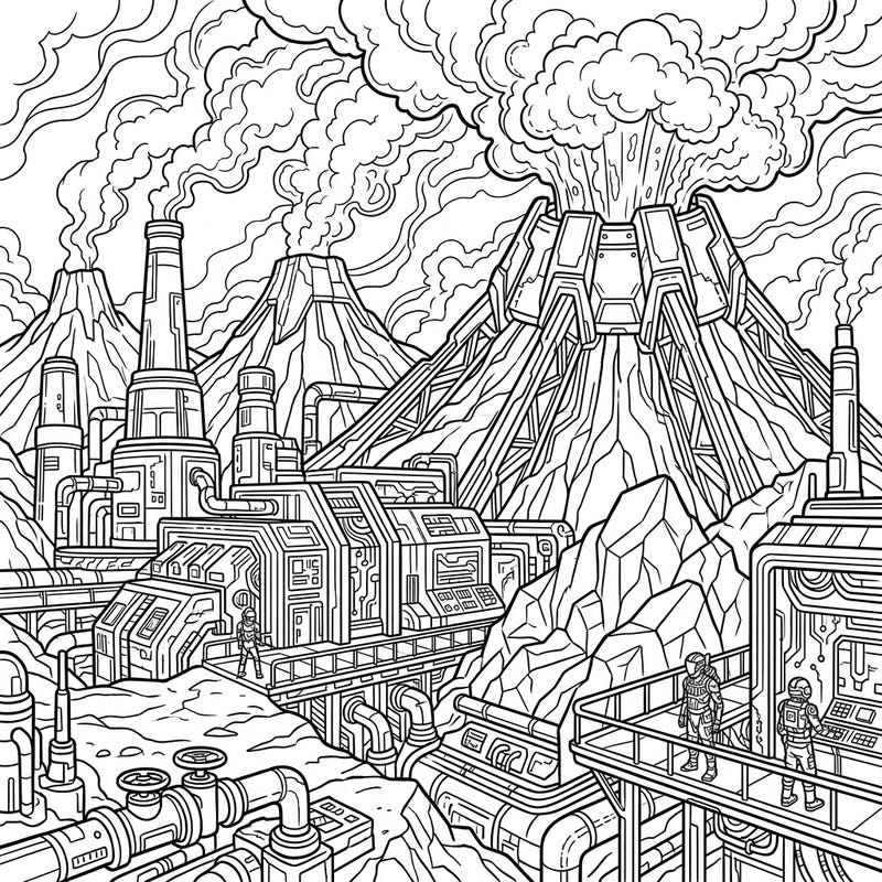 Explore a mesmerizing fusion of natural power and futuristic design with this unique Cyberpunk Volcanic Vents coloring page. Immerse yourself in a world where geothermal wonders meet intricate industrial aesthetics, ready for your artistic touch.