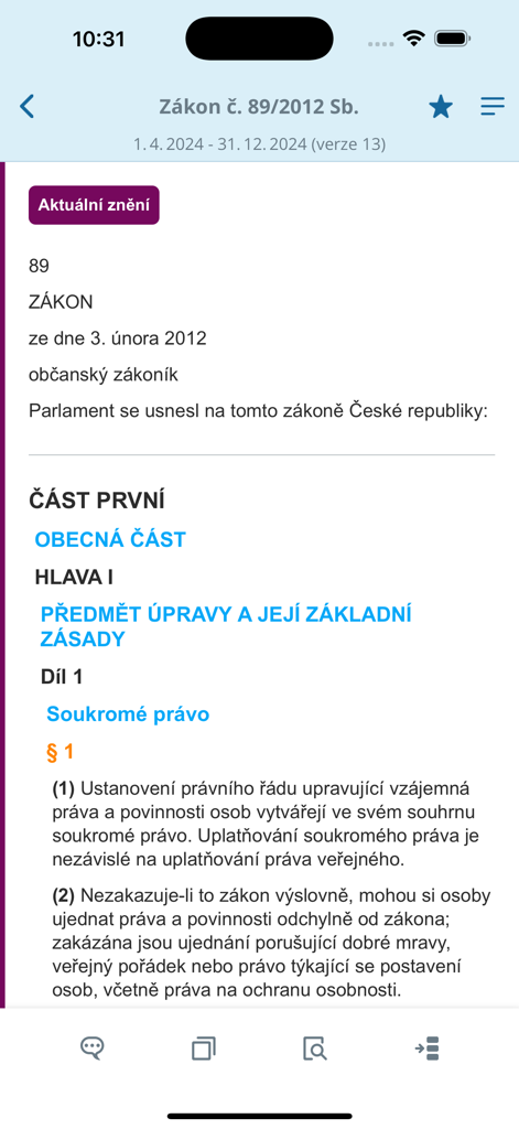 Zákony pro lidi - Zakony pro lidiモバイルアプリ内のチェコ民法のテキスト画面。