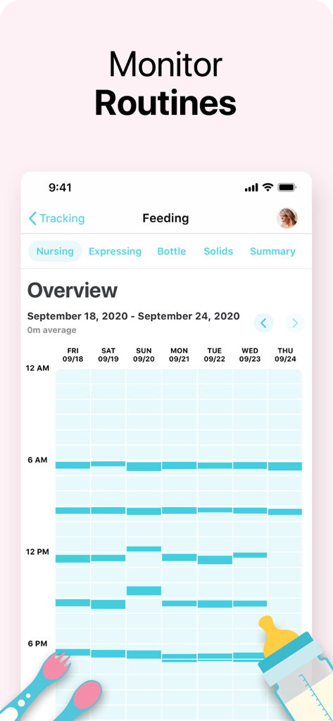 Weekly baby feeding routine overview in the Baby plus tracker app