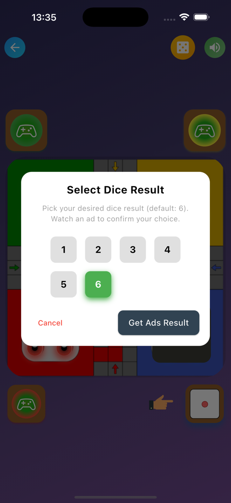 Ludo Offline Board Game - Captura de pantalla de Ludo Juego de Mesa sin Conexión que muestra el menú emergente de selección de resultado de dado con opciones del uno al seis