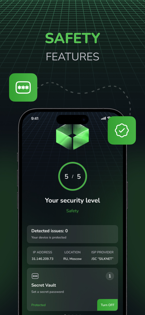 B-Secure - Panel de la aplicación B-Secure mostrando el nivel máximo de seguridad y el estado de protección del dispositivo en un iPhone