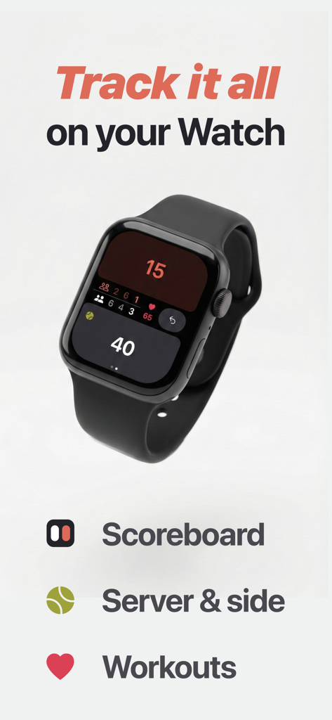 Padel Pointer: Score Tracker - Padel Pointer app interface on an Apple Watch displaying the scoreboard, server tracking, and workout heart rate.