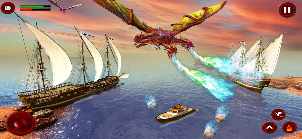 Dragon City Attack:Dragon Game - Um dragão de três cabeças cuspindo fogo em navios de madeira em um cenário oceânico do jogo Dragon City Attack.