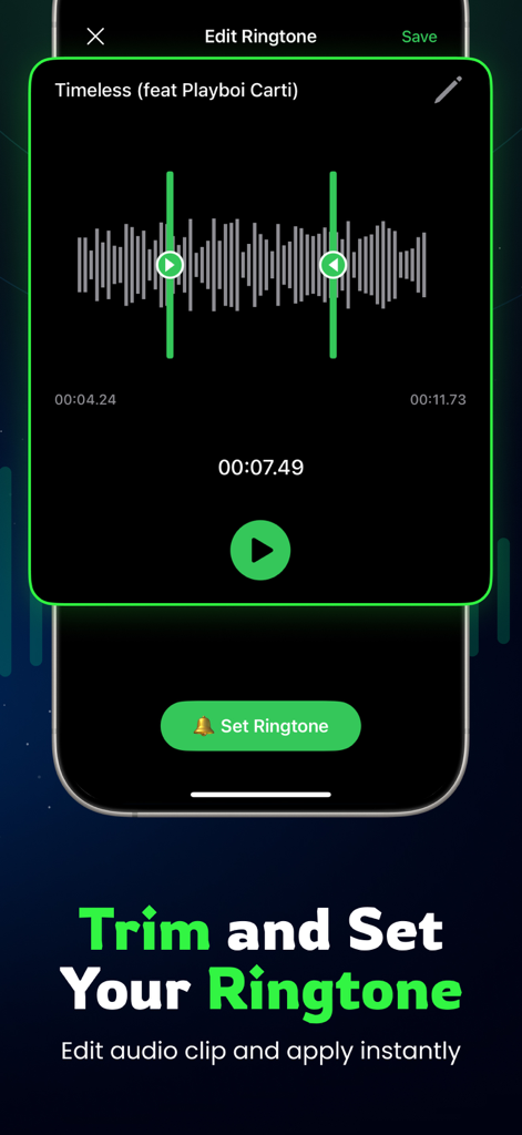 iRingtone: Spotify & YouTube - Interfaz de aplicación móvil que muestra herramientas de recorte de forma de onda de audio para crear un tono de llamada personalizado