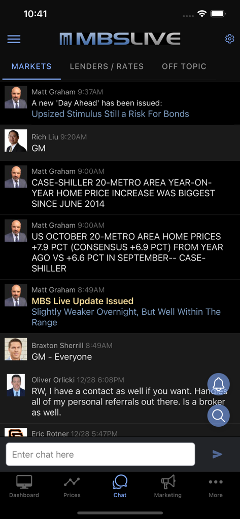 MBS Live - MBS Live app interface showing real-time mortgage market updates and professional chat feed