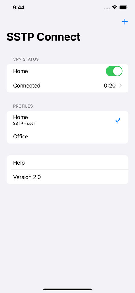 Interfaccia dell'app SSTP Connect che mostra lo stato della VPN connessa e l'elenco dei profili.