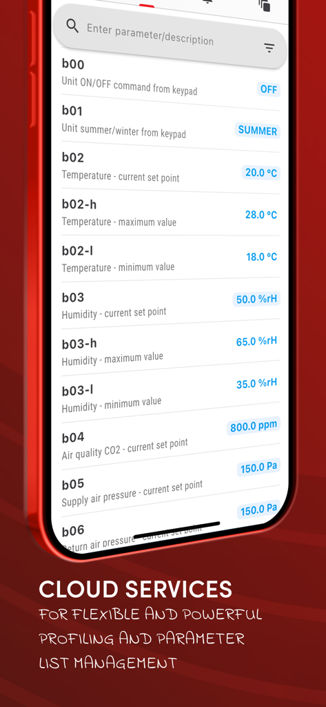 Carel Applica - Carel Applica mobile app interface showing HVAC system parameters and cloud service management