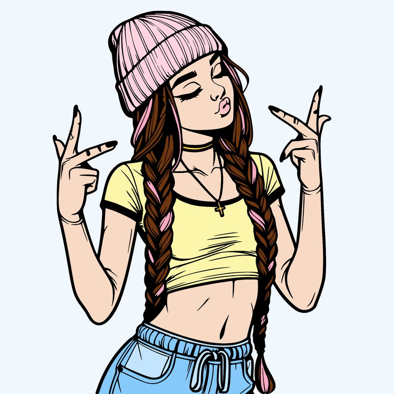realistic teenage girl with braids and a beanie and crop top doing 🫶🏼