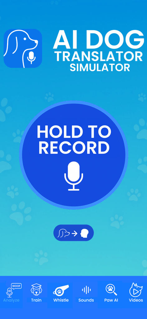 AI Dog Translator app interface showing the hold to record button for bark analysis