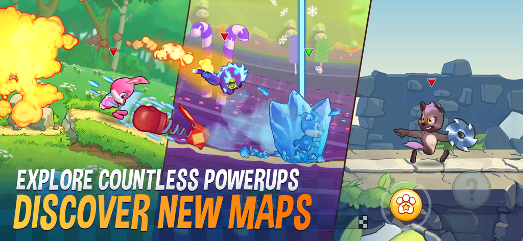 Captura de pantalla del juego móvil Fun Run 4 mostrando varios animales usando power-ups en diferentes mapas