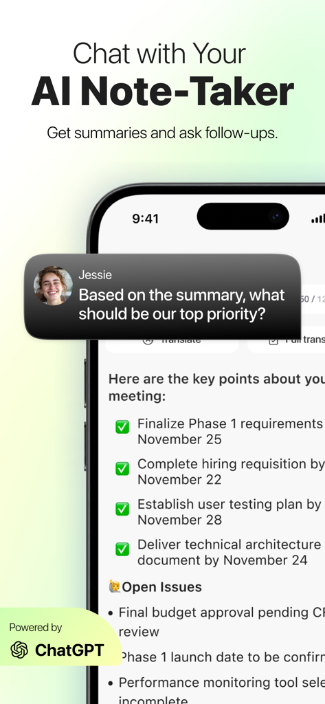 Recco: AI Note Taker - Recco AI Note Taker app interface displaying meeting summaries and AI chat functionality
