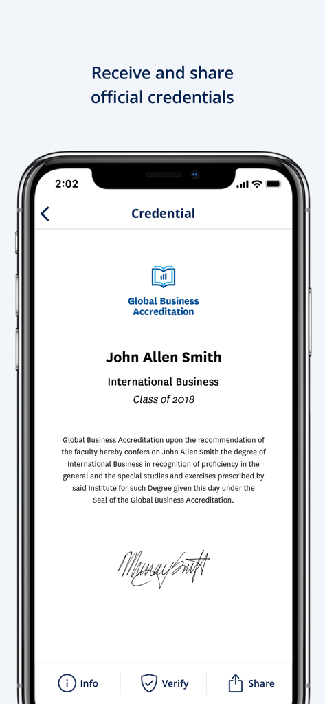 A smartphone screen displaying a verified digital certificate for international business within the Blockcerts Wallet app.